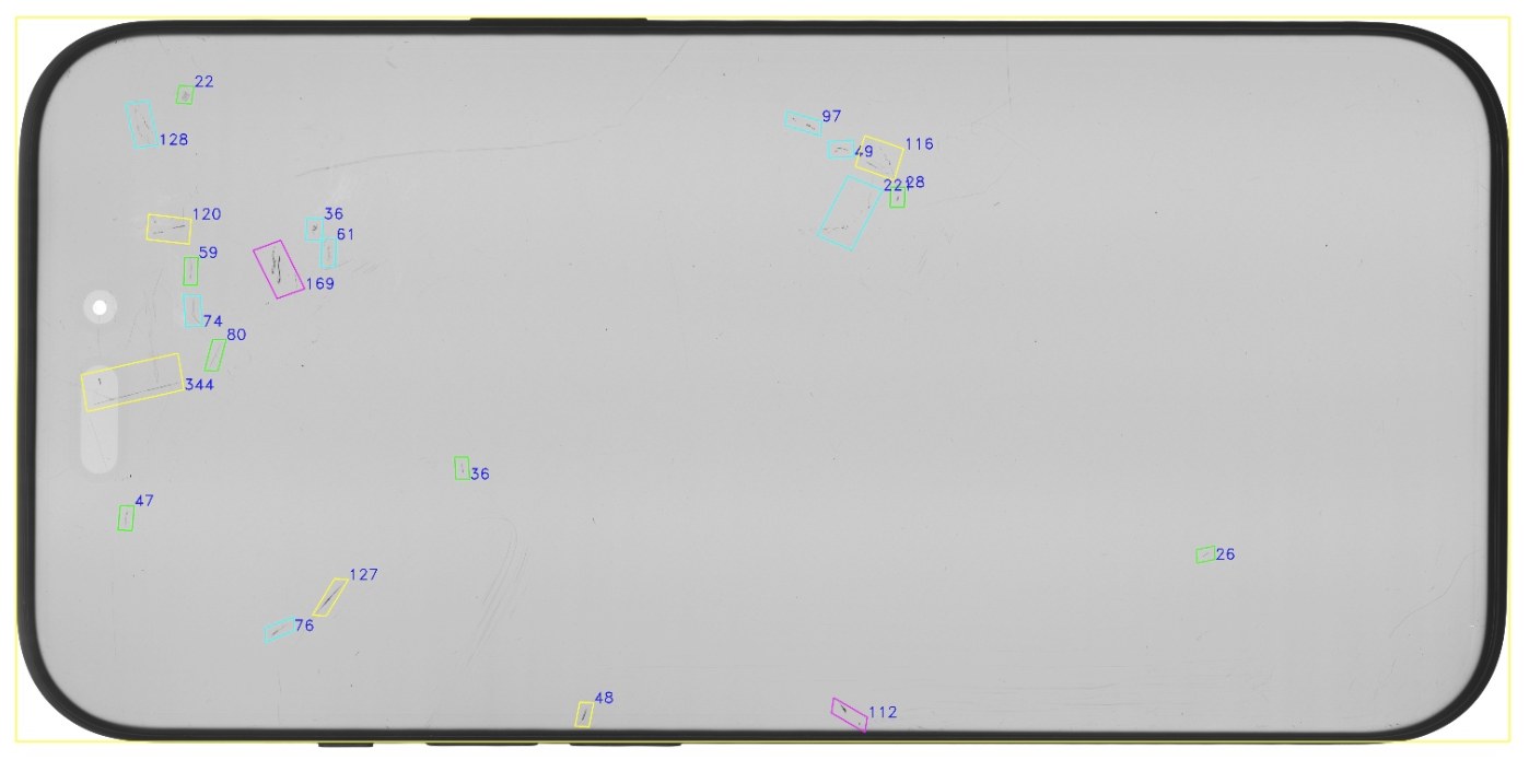 Front capture with 22 scratches outlined and numbered