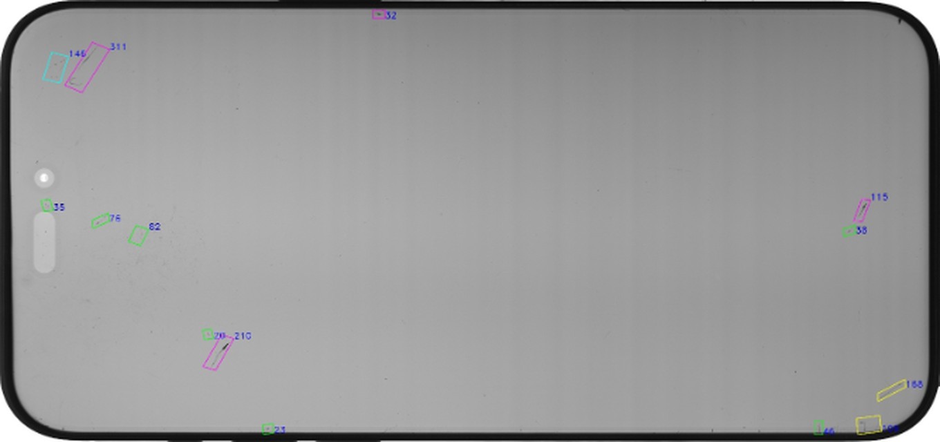 Vision capture of the same display before polishing, with scratches outlined across the glass